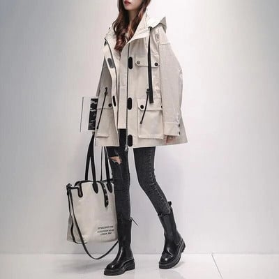 Naiste trepijope kapuutsiga õues, vihma ja veekindel tuulejakk, nööriga vöökoht plusssuuruses kevad-sügis vabaaja vaba tänavariided