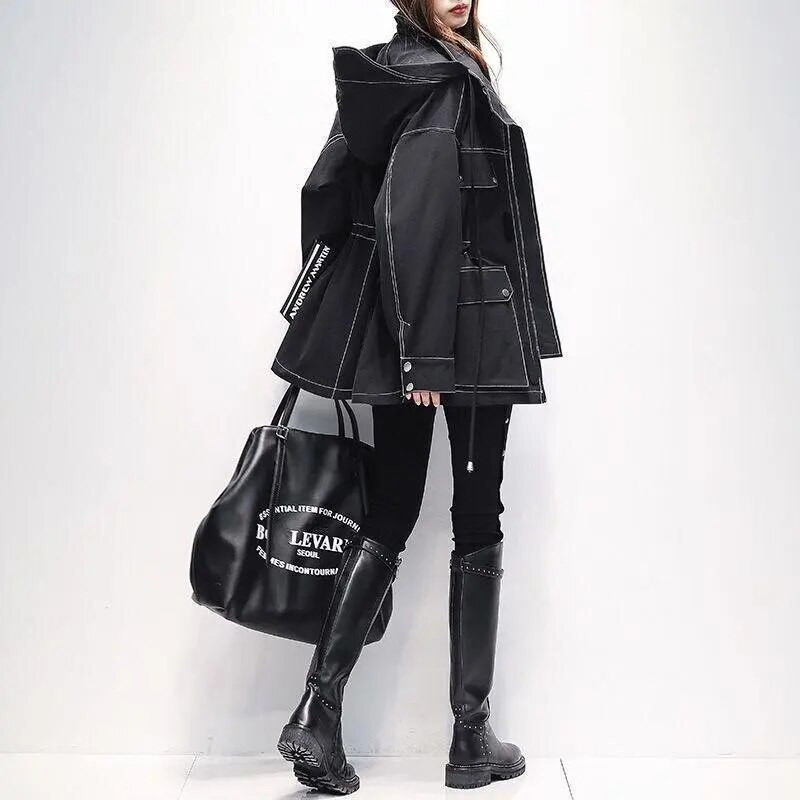 Naiste trepijope kapuutsiga õues, vihma ja veekindel tuulejakk, nööriga vöökoht plusssuuruses kevad-sügis vabaaja vaba tänavariided