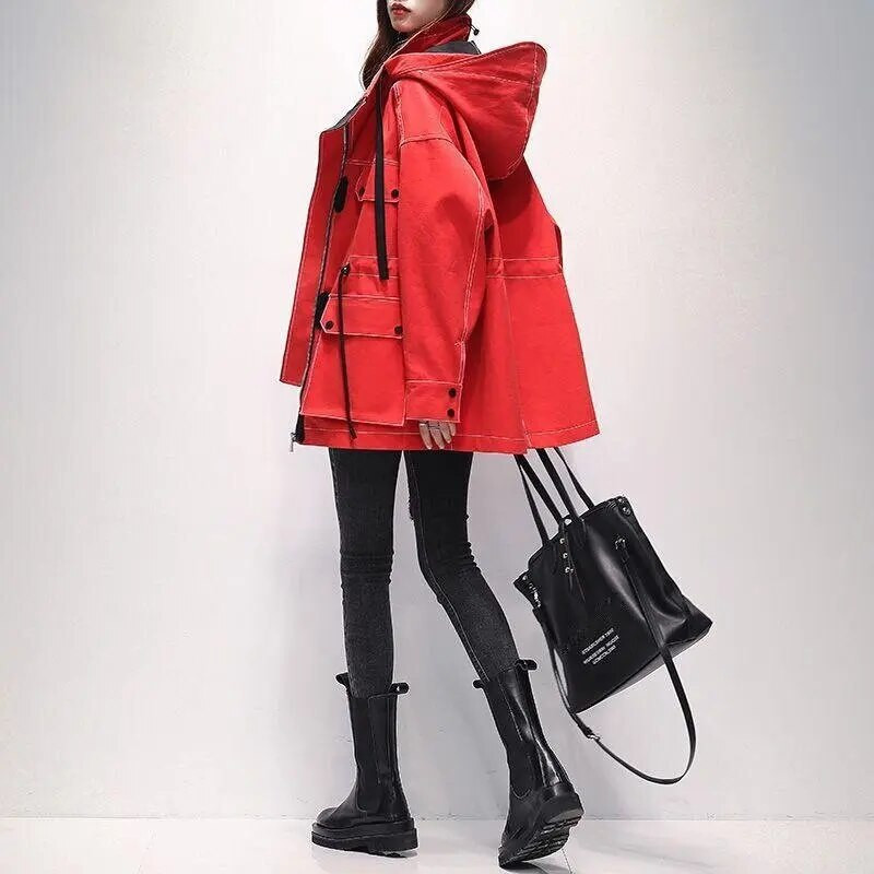 Naiste trepijope kapuutsiga õues, vihma ja veekindel tuulejakk, nööriga vöökoht plusssuuruses kevad-sügis vabaaja vaba tänavariided