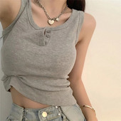 Top cu nasturi Femei Vestă scurtă fără mâneci Femei Vintage Corp Top Cămașă Vară în stil coreean Moda Streetwear Femei Sport Top