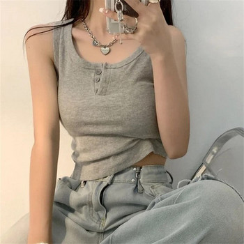 Μπλουζάκι με κουμπιά Γυναικείο αμάνικο κοντό γιλέκο Γυναικείο vintage Corp τοπ πουκάμισο Καλοκαιρινό κορεάτικο στυλ μόδας Streetwear Femme Sport Top