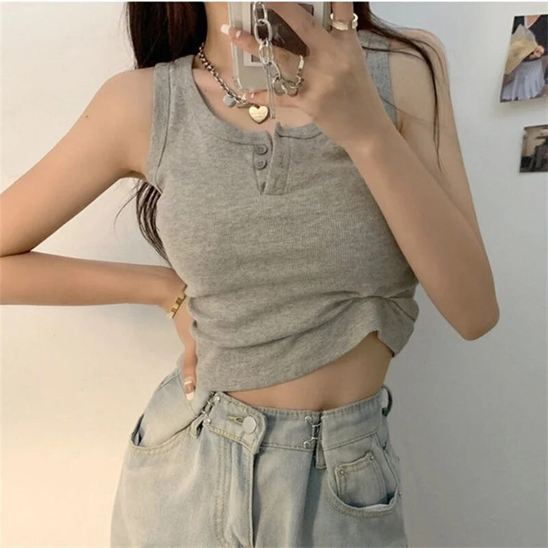 Ženska majica bez rukava, kratka majica s gumbima, ženska vintage korporativna majica, ljetna korejska modna ulična odjeća, ženski sportski top