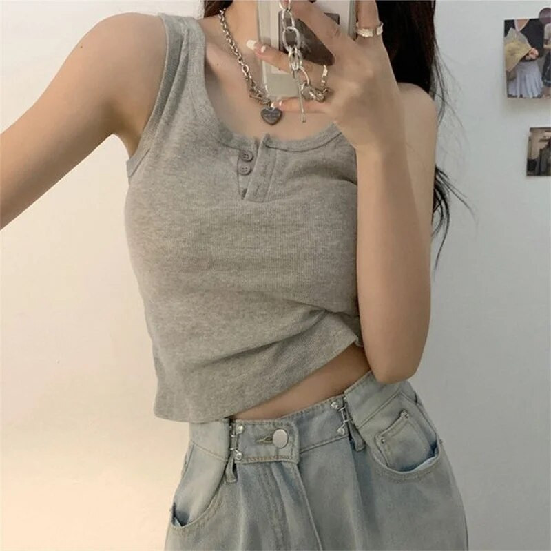 Ženska majica bez rukava, kratka majica s gumbima, ženska vintage korporativna majica, ljetna korejska modna ulična odjeća, ženski sportski top