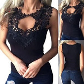 Seksi jednobojni prsluk s izdubljenom patchwork čipkom bez rukava Ženski top New Chic Vintage