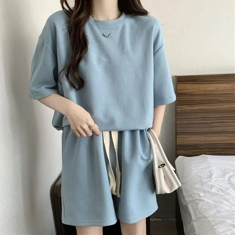 2 vnt./Kostiuminis kostiumas trumpomis rankovėmis, plonomis mergaičių aktyviomis apranga Vyriški laisvi marškinėliai šortai bėgimo apranga