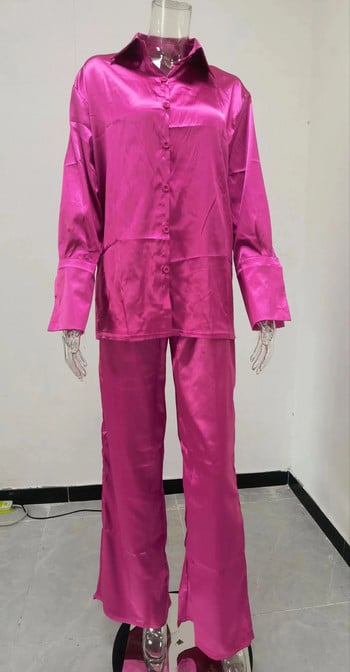 Подходящ комплект от сатен с големи размери Дамска плътна блуза с есенно 2023 г. Луксозно елегантно женско облекло Комплект панталони от две части