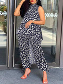 Plus veličina 5XL VONDA Ženski kompleti hlača s leopard printom Modna odijela Samostojeći ovratnik Bez rukava Asimetrični dugi top Ležerni prsluci 2 kom