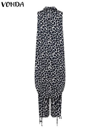 Плюс размер 5XL VONDA Дамски комплекти панталони с леопардови щампи Модни костюми със стояща яка Без ръкави Асиметрични дълги ежедневни жилетки 2 бр.