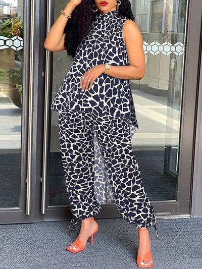 Plus Size 5XL VONDA Γυναικεία Leopard Printed Παντελόνια Σετ Κοστούμια μόδας γιακά Αμάνικο Ασύμμετρο Μακρύ Τοπ Casual Γιλέκα 2τμχ