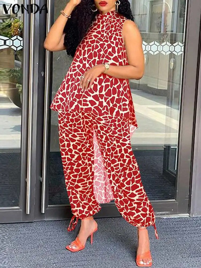 Plus veličina 5XL VONDA Ženski kompleti hlača s leopard printom Modna odijela Samostojeći ovratnik Bez rukava Asimetrični dugi top Ležerni prsluci 2 kom