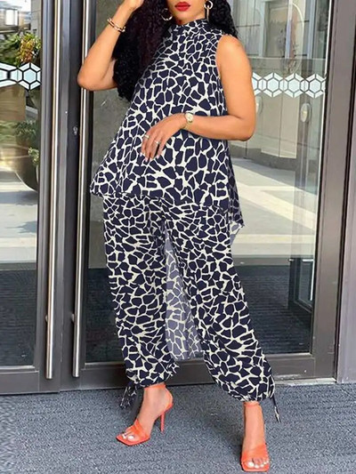 Plus veličina 5XL VONDA Ženski kompleti hlača s leopard printom Modna odijela Samostojeći ovratnik Bez rukava Asimetrični dugi top Ležerni prsluci 2 kom