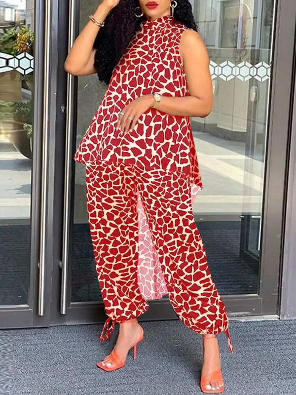 Plus veličina 5XL VONDA Ženski kompleti hlača s leopard printom Modna odijela Samostojeći ovratnik Bez rukava Asimetrični dugi top Ležerni prsluci 2 kom