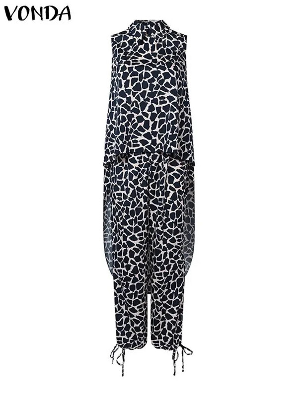 Plus veličina 5XL VONDA Ženski kompleti hlača s leopard printom Modna odijela Samostojeći ovratnik Bez rukava Asimetrični dugi top Ležerni prsluci 2 kom
