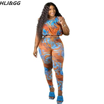 HLJ&GG Fashion Tie Dye Print Two Piece Σετ Γυναικείο αμάνικο Crop Top + Skinny Παντελόνι Αθλητικές φόρμες Plus Size Γυναικεία ασορτί στολή
