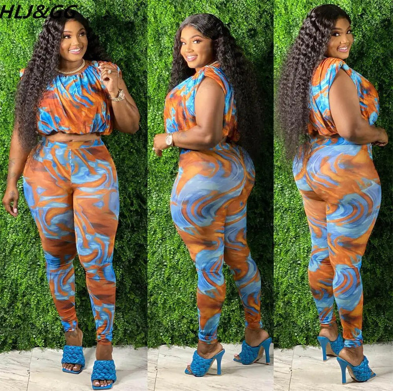 HLJ&GG Fashion Tie Dye Print Dvodijelni kompleti Ženska skraćena majica bez rukava + uske hlače Trenirke veće veličine Ženska odgovarajuća odjeća