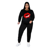 XL-4XL 2024 divatos téli nagy méretű női ruházat nadrágkosztüm hosszú ujjú fekete nyomtatással, alkalmi kétrészes készletek női ruhák