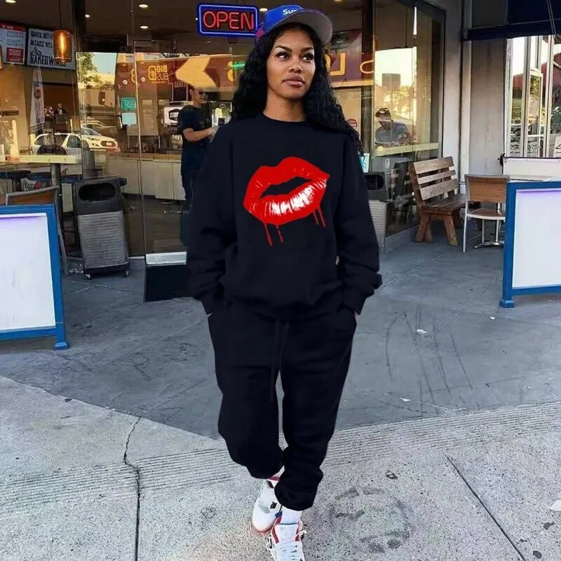 XL-4XL 2024 divatos téli nagy méretű női ruházat nadrágkosztüm hosszú ujjú fekete nyomtatással, alkalmi kétrészes készletek női ruhák