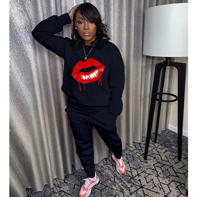 XL-4XL 2024 divatos téli nagy méretű női ruházat nadrágkosztüm hosszú ujjú fekete nyomtatással, alkalmi kétrészes készletek női ruhák