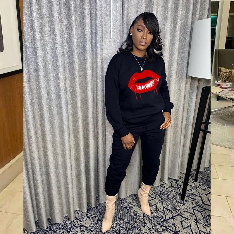 XL-4XL 2024 divatos téli nagy méretű női ruházat nadrágkosztüm hosszú ujjú fekete nyomtatással, alkalmi kétrészes készletek női ruhák
