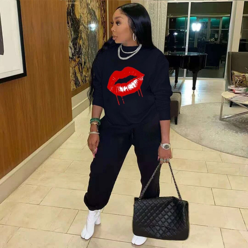 XL-4XL 2024 divatos téli nagy méretű női ruházat nadrágkosztüm hosszú ujjú fekete nyomtatással, alkalmi kétrészes készletek női ruhák