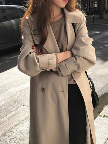 Корейски двуредни дълги тренчкоти в цвят каки Елегантни офис дамски якета с връзки Палта Висок клас Пролет Есен Chaquetas Нови