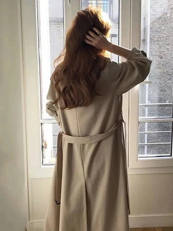 Корейски двуредни дълги тренчкоти в цвят каки Елегантни офис дамски якета с връзки Палта Висок клас Пролет Есен Chaquetas Нови