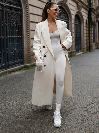 Дамско бяло миди палто с ревер, двуредно яке с дълги ръкави Дамско елегантно, уютно палто за пътуване