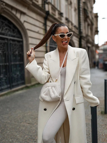 Γυναικείο άσπρο πίσω από διχαλωτή παλτό μίντι μόδας πέτο Διπλό μακρυμάνικο μπουφάν Γυναικείο κομψό παλτό για μετακινήσεις