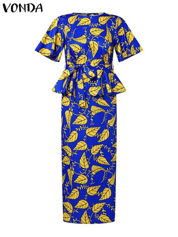 Плюс размер 5XL VONDA Винтидж комплекти рокли с флорални щампи Летни дамски комплекти рокли с къс ръкав, 2 бр. Ежедневни топове, бохемски дълги поли