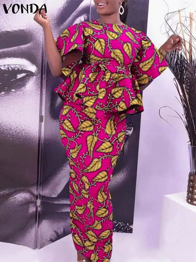 Plus Size 5XL VONDA Vintage Floral Σετ Φορέματος Καλοκαιρινά Γυναικεία κοντομάνικα βολάν 2 τμχ Casual τοπ Μποέμ μακριές φούστες