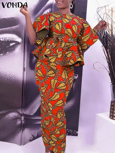 Plus Size 5XL VONDA Vintage Floral Σετ Φορέματος Καλοκαιρινά Γυναικεία κοντομάνικα βολάν 2 τμχ Casual τοπ Μποέμ μακριές φούστες