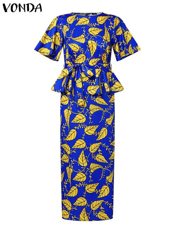 Plus Size 5XL VONDA Vintage Floral Σετ Φορέματος Καλοκαιρινά Γυναικεία κοντομάνικα βολάν 2 τμχ Casual τοπ Μποέμ μακριές φούστες