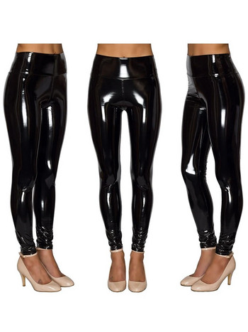 Нови дамски черни панталони тип молив Лъскава кожа PU Секси клинове Еластичен тънък тънък панталон с висока талия Еластичен моден ежедневен