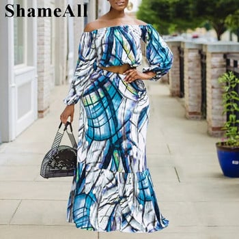 Плюс размер Африкански жени Tie Dye Print Crop Tops Dress 2 Two Pieces Sets 4XL Тениски с отворени рамена и дълги ръкави Бандажни поли Облекла