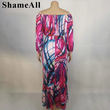 Плюс размер Африкански жени Tie Dye Print Crop Tops Dress 2 Two Pieces Sets 4XL Тениски с отворени рамена и дълги ръкави Бандажни поли Облекла