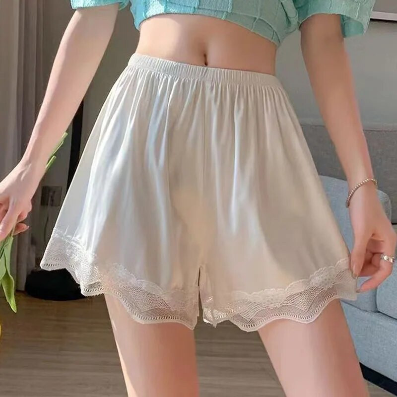Ledo šilko laisvos trumpos kelnės Moteriškos vasarinės raukinės, satino besiūlės apsauginės kelnės pižamos šortai apatiniai vėsūs nėriniai, miegui tinkantys apatiniai