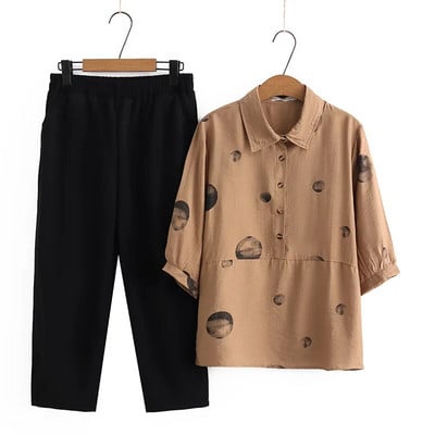 Nagy méretű női szettek 2023 nyári félujjú Lyocell pontmintás ing bő nadrágok kétrészes öltöny túlméretezett hajlított ruhák