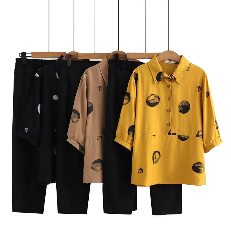 Nagy méretű női szettek 2023 nyári félujjú Lyocell pontmintás ing bő nadrágok kétrészes öltöny túlméretezett hajlított ruhák