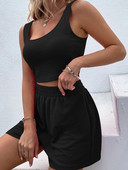 Ținute 2 piese de vară pentru femei Seturi tricotate fără mâneci cu decolteu pătrat Crop top Tanc pantaloni scurți cu talie înaltă Waffle Set lounge 2 piese