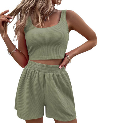 Ținute 2 piese de vară pentru femei Seturi tricotate fără mâneci cu decolteu pătrat Crop top Tanc pantaloni scurți cu talie înaltă Waffle Set lounge 2 piese
