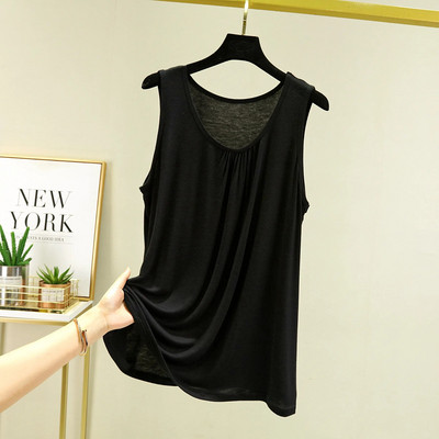 Vasariniai viršutiniai viršutiniai marškinėliai, didesnio dydžio O formos kaklelis, Modalinis klostuotas „Camis“ dėvimas viduje „Tee Tops“ be rankovių, laisvalaikis laisvas viršutinis trikotažas.