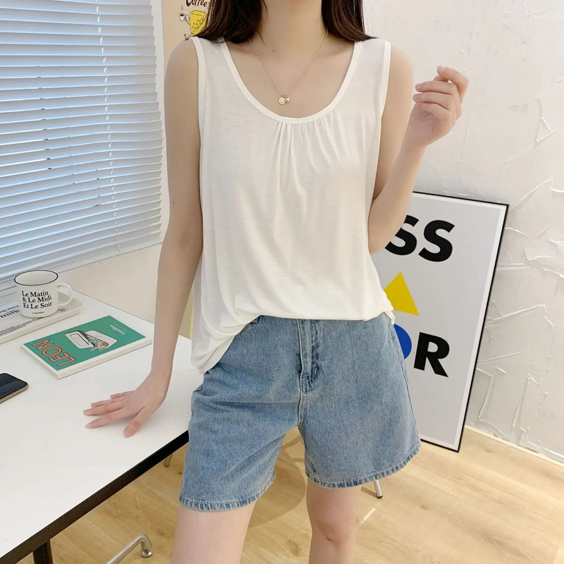 Vasariniai viršutiniai viršutiniai marškinėliai, didesnio dydžio O formos kaklelis, Modalinis klostuotas „Camis“ dėvimas viduje „Tee Tops“ be rankovių, laisvalaikis laisvas viršutinis trikotažas.