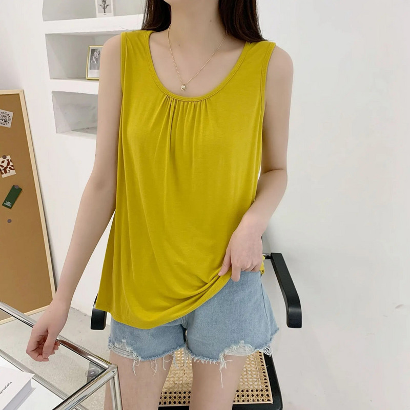 Vasariniai viršutiniai viršutiniai marškinėliai, didesnio dydžio O formos kaklelis, Modalinis klostuotas „Camis“ dėvimas viduje „Tee Tops“ be rankovių, laisvalaikis laisvas viršutinis trikotažas.