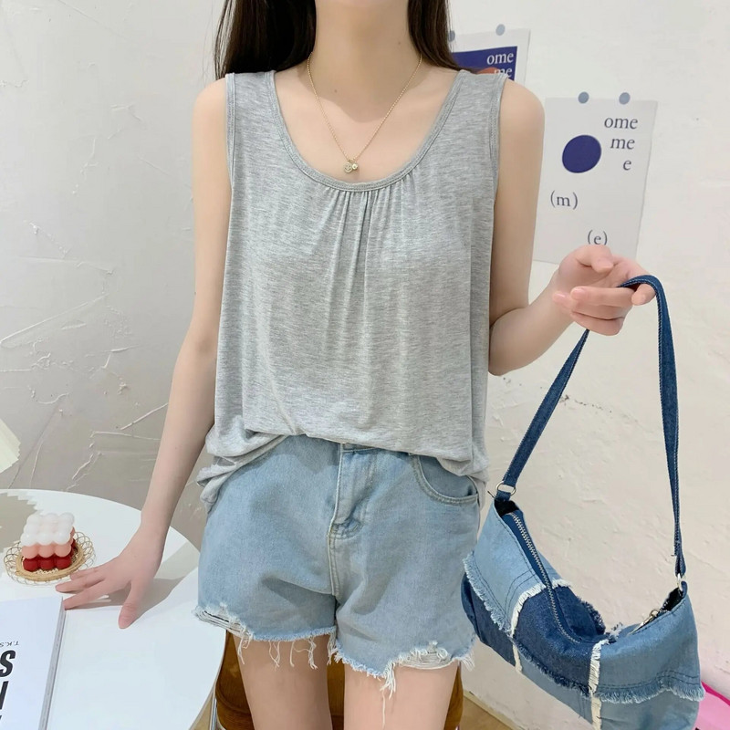 Vasariniai viršutiniai viršutiniai marškinėliai, didesnio dydžio O formos kaklelis, Modalinis klostuotas „Camis“ dėvimas viduje „Tee Tops“ be rankovių, laisvalaikis laisvas viršutinis trikotažas.