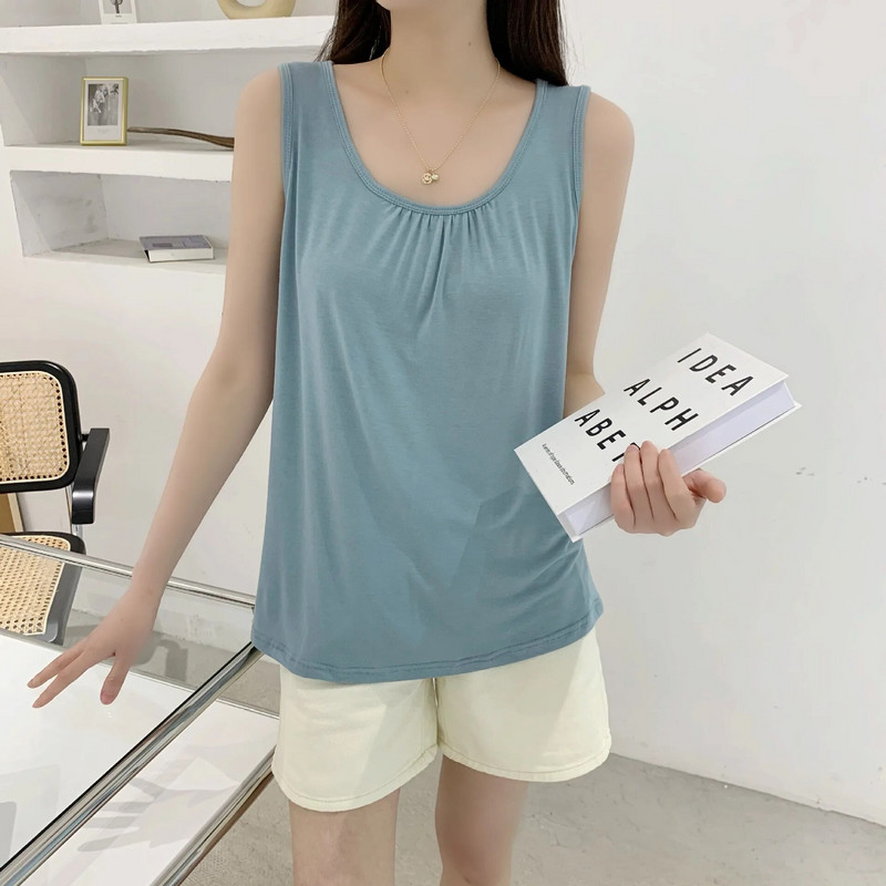 Vasariniai viršutiniai viršutiniai marškinėliai, didesnio dydžio O formos kaklelis, Modalinis klostuotas „Camis“ dėvimas viduje „Tee Tops“ be rankovių, laisvalaikis laisvas viršutinis trikotažas.