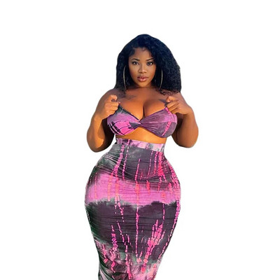 Plus Size Tie Dye Γυναικείες αθλητικές φόρμες Maxi Midi Φούστες Σετ με Crop Tops που ταιριάζουν σε Σετ δύο τεμαχίων Μαγιό