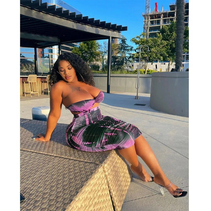 Plus Size Tie Dye Γυναικείες αθλητικές φόρμες Maxi Midi Φούστες Σετ με Crop Tops που ταιριάζουν σε Σετ δύο τεμαχίων Μαγιό