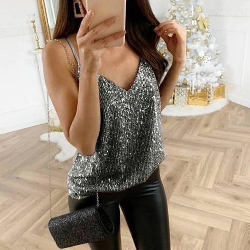 Γυναικεία Glitter Strappy Tank Tops Παγιέτες Γυναικεία Σέξι Sparkle Γιλέκο Cami Swing Clubwear Summer Tank Tops Party Camisas Tee