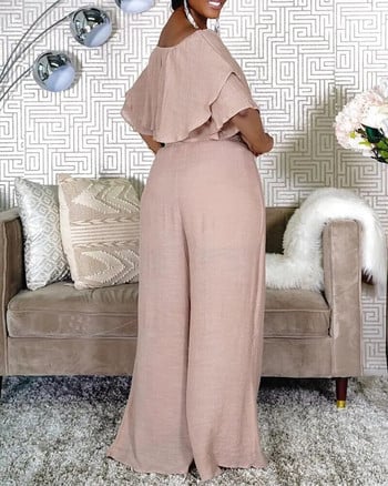 Елегантен комплект блуза с волани и широки панталони за жени, подходящи дамски комплекти, с отворени рамена, голям размер, 5XL, лято