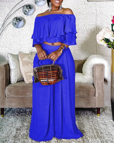 Elegantni gornji dio bluze s volanima i komplet hlača širokih nogavica za žene, ženski odgovarajući kompleti, spuštenih ramena, velika veličina, 5XL, ljeto